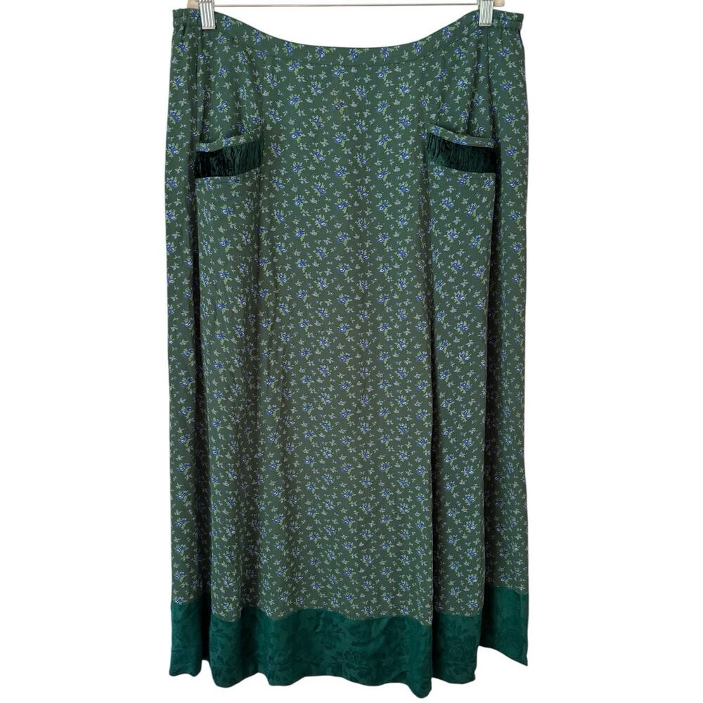 April Cornell Green Satin Trim Blue Floral Maxi Skirt Size Large